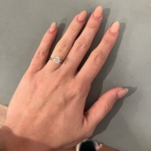 1.77 carot cushion cut diamond ring in white gold. Sized to about a 5.